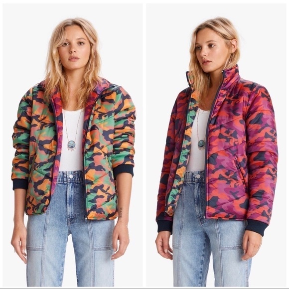 Mother Two Faced Reversible Camouflage Puffer Jacket Pink Red Casual Winter Fall
